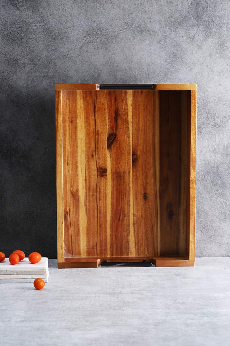 RAKYTO Ottoman Tray, Acacia Wood Serving Tray with Metal Handles, 16.5x12.5in Food Drinks Tray for Coffee Table, Breakfast, Dinner & Bar, Rustic Decorative Storage Tray for Ottoman, Kitchen, Packaging - Image 4